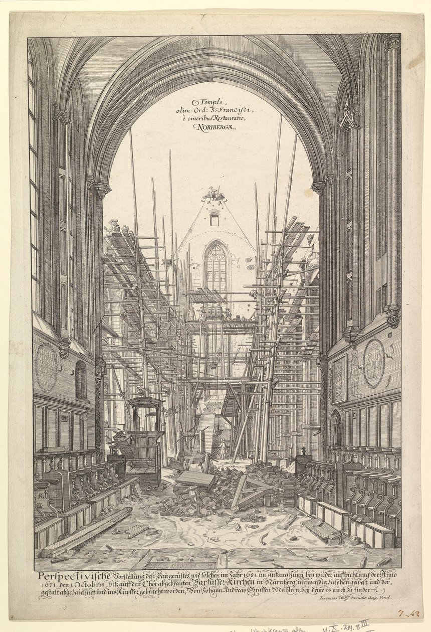 Udsigt over Franciskanerkirken i Nürnberg under genopbygning, fra serien V....n.d. af Johann Ulrich Kraus