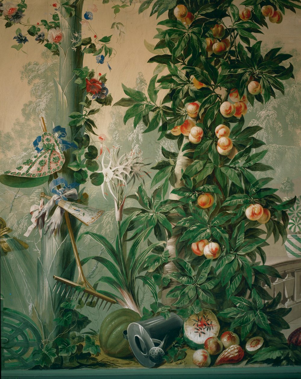 Havescene, frugttræ og en kvindelig gartners hat, handsker og rive i havestuen ... af Johann Wenzel Bergl