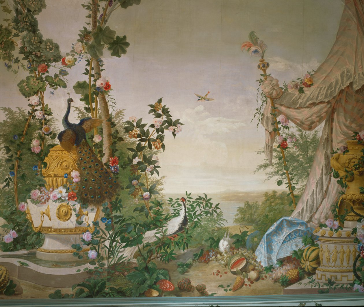 Havescene med påfugl og telt i havesalen på Schönbrunn Slot ... af Johann Wenzel Bergl