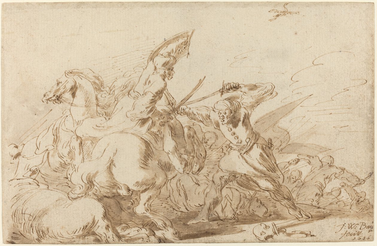 En kamp mellem orientalsk kavaleri og soldater, 1636. af Johann Wilhelm Baur