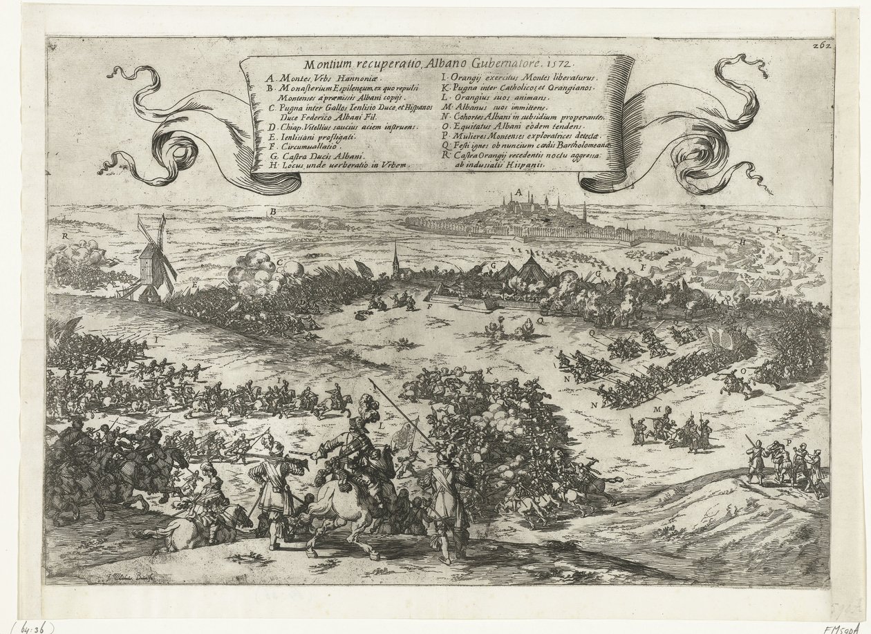 Alva belejrer Bergen i Henegouwen, 1572 Genopretning af bjergene, Albano Gubernatore. 1572 (titel på objekt) af Johann Wilhelm Baur