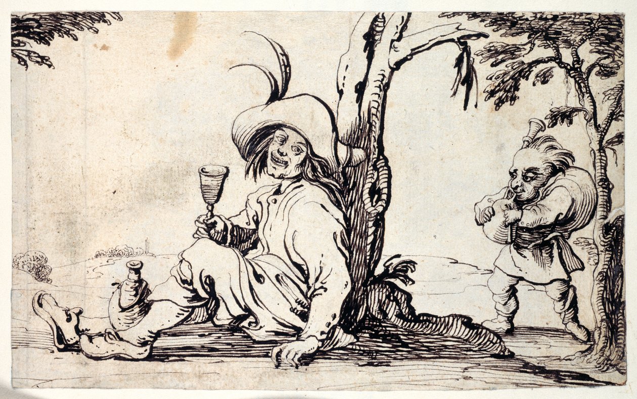 Landsmand sidder og forfrisker sig selv og en dværg med sækkepiber (pen og blæk på papir) af Johann Wilhelm Baur
