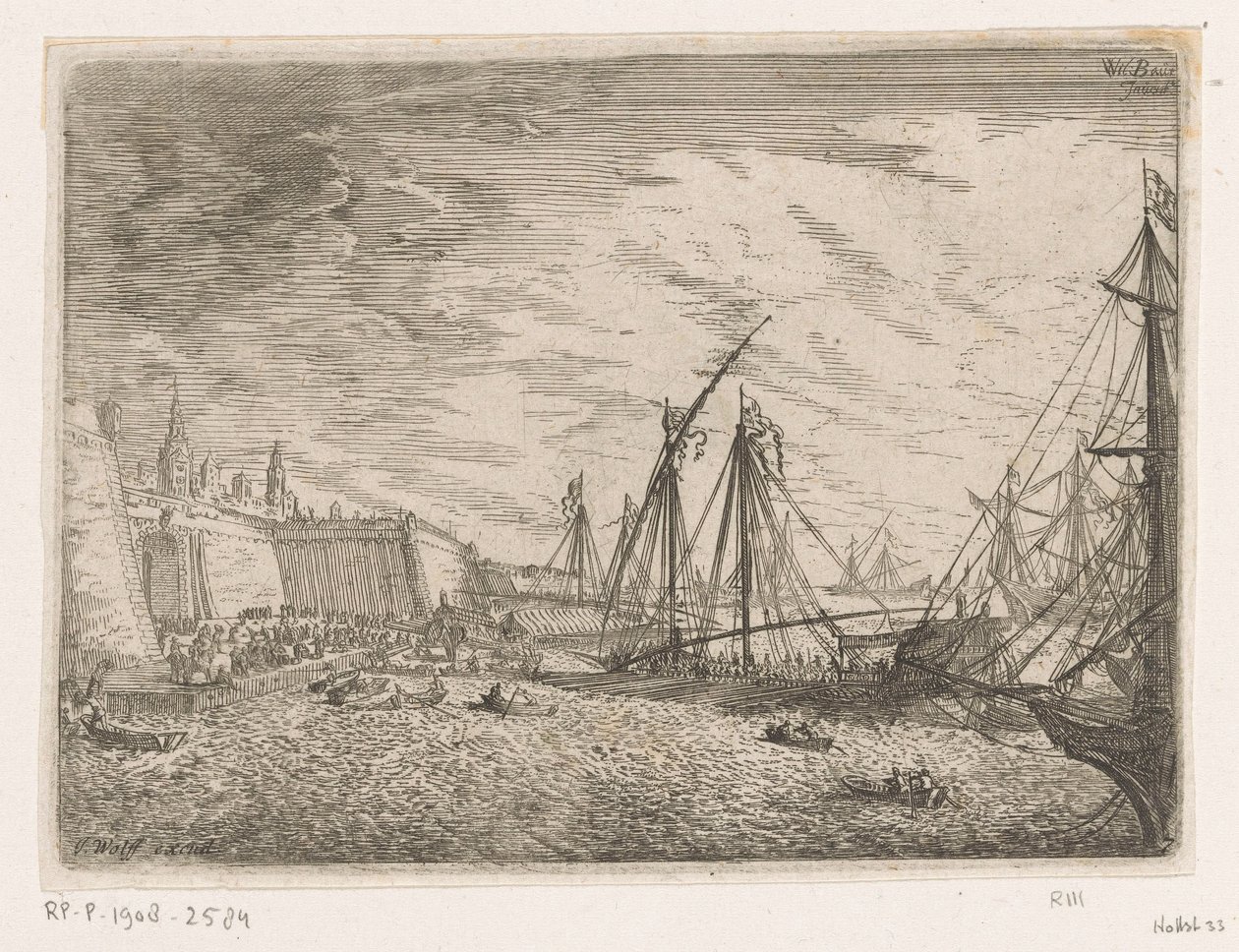 Havneudsigt med sejlskibe og kabysser foran en bymur Havneudsigt (serietitel) af Johann Wilhelm Baur