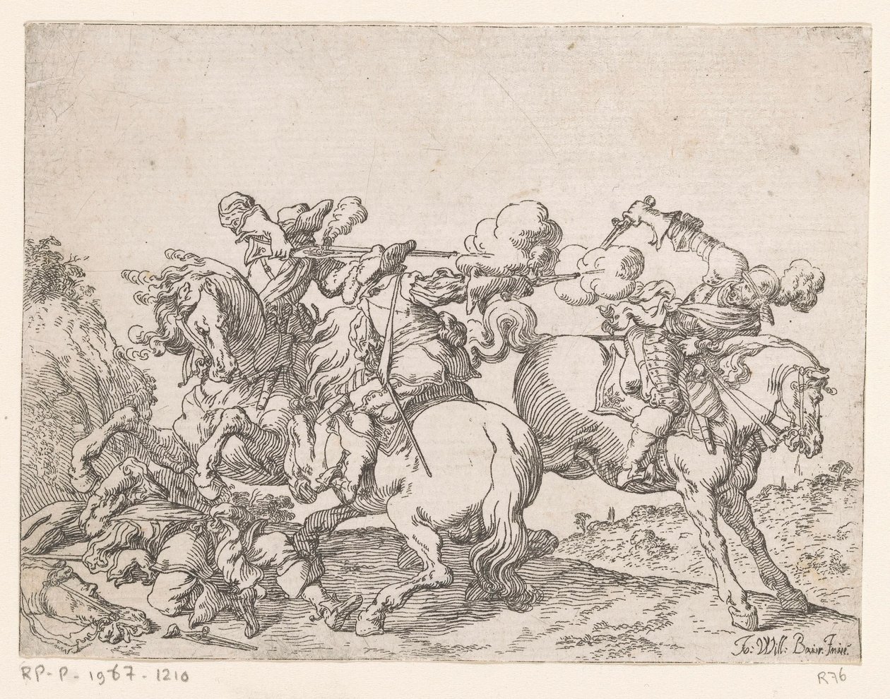 To musketerer til hest skyder på en rytter Kampscener (serietitel) Capricci di varie battaglie (serietitel) af Johann Wilhelm Baur