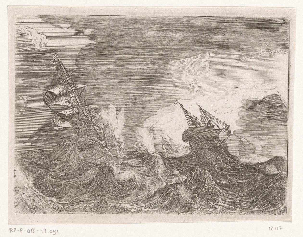 Fem sejlskibe på havet under en storm Sendes i stormvejr (serietitel) af Johann Wilhelm Baur