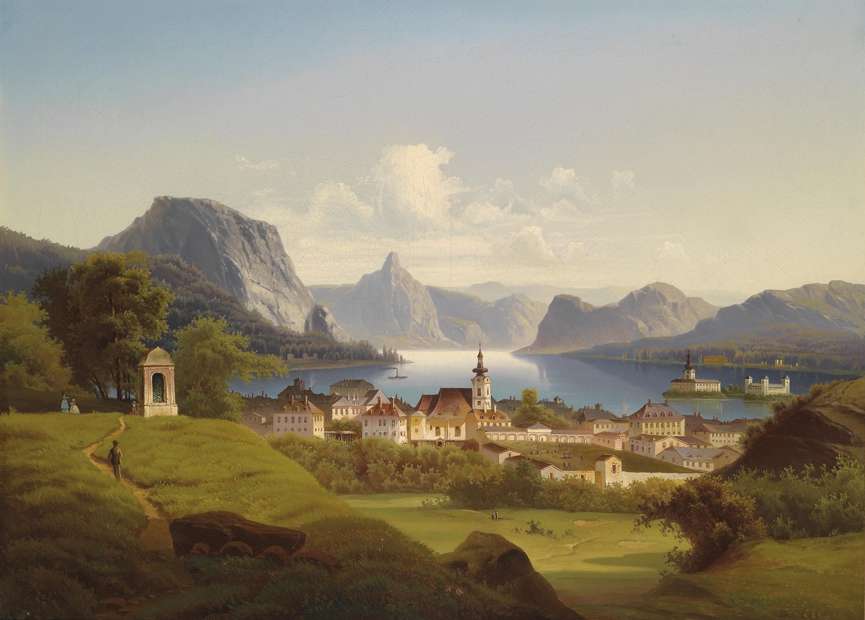 Udsigt over Gmunden med Schloss Ort i baggrunden, 1870 af Johann Wilhelm Jankowski
