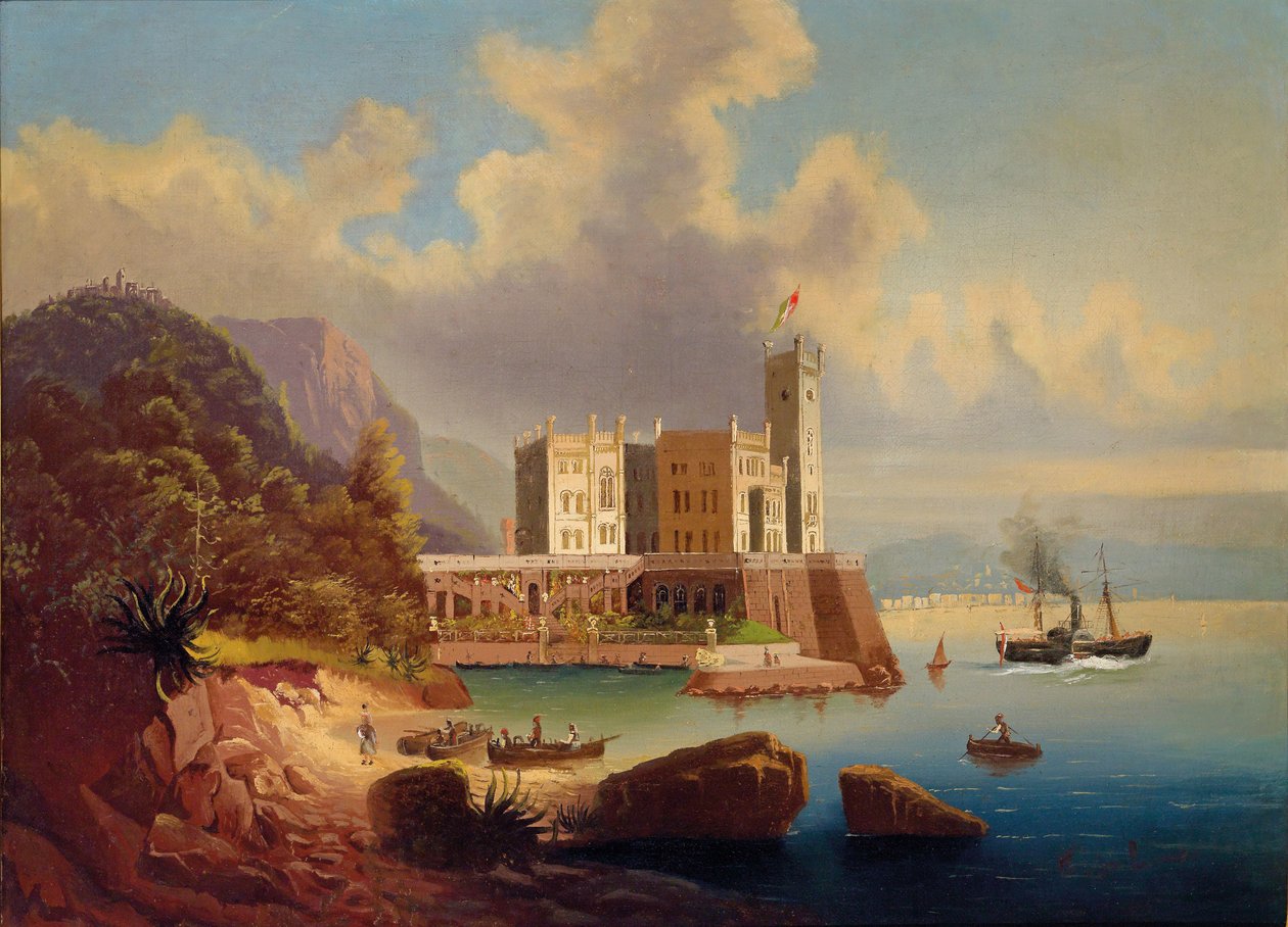 Udsigt over Miramare Slot og Trieste. af Johann Wilhelm Jankowski