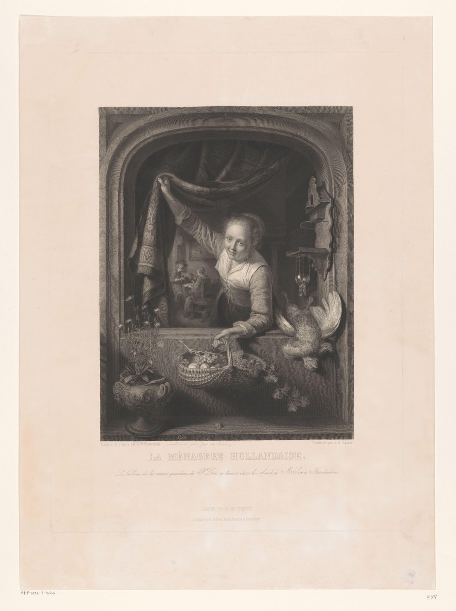 Kvinde med kurv med frugter i hånden ved vinduet La menagerè Hollandaise (titel på objekt) af Johann Wilhelm Kaiser (I)