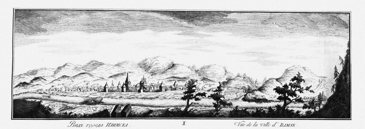 Udsigt over Ilimsk, ca 1735 af Johann Wilhelm Lürsenius