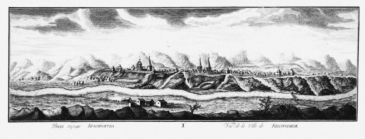 Udsigt over Krasnoyarsk, ca 1735 af Johann Wilhelm Lürsenius