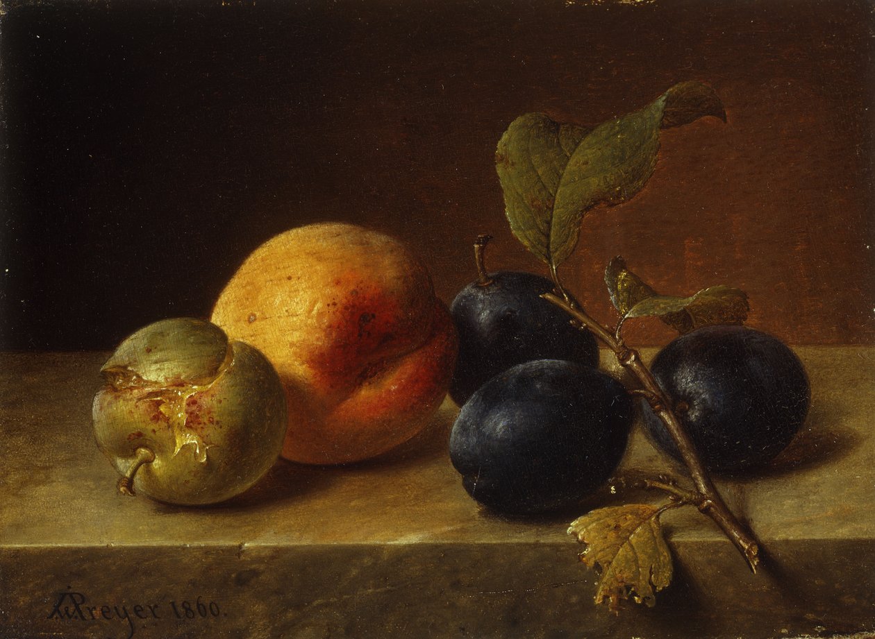 En fersken og blommer på en marmorafsats, 1860 af Johann Wilhelm Preyer
