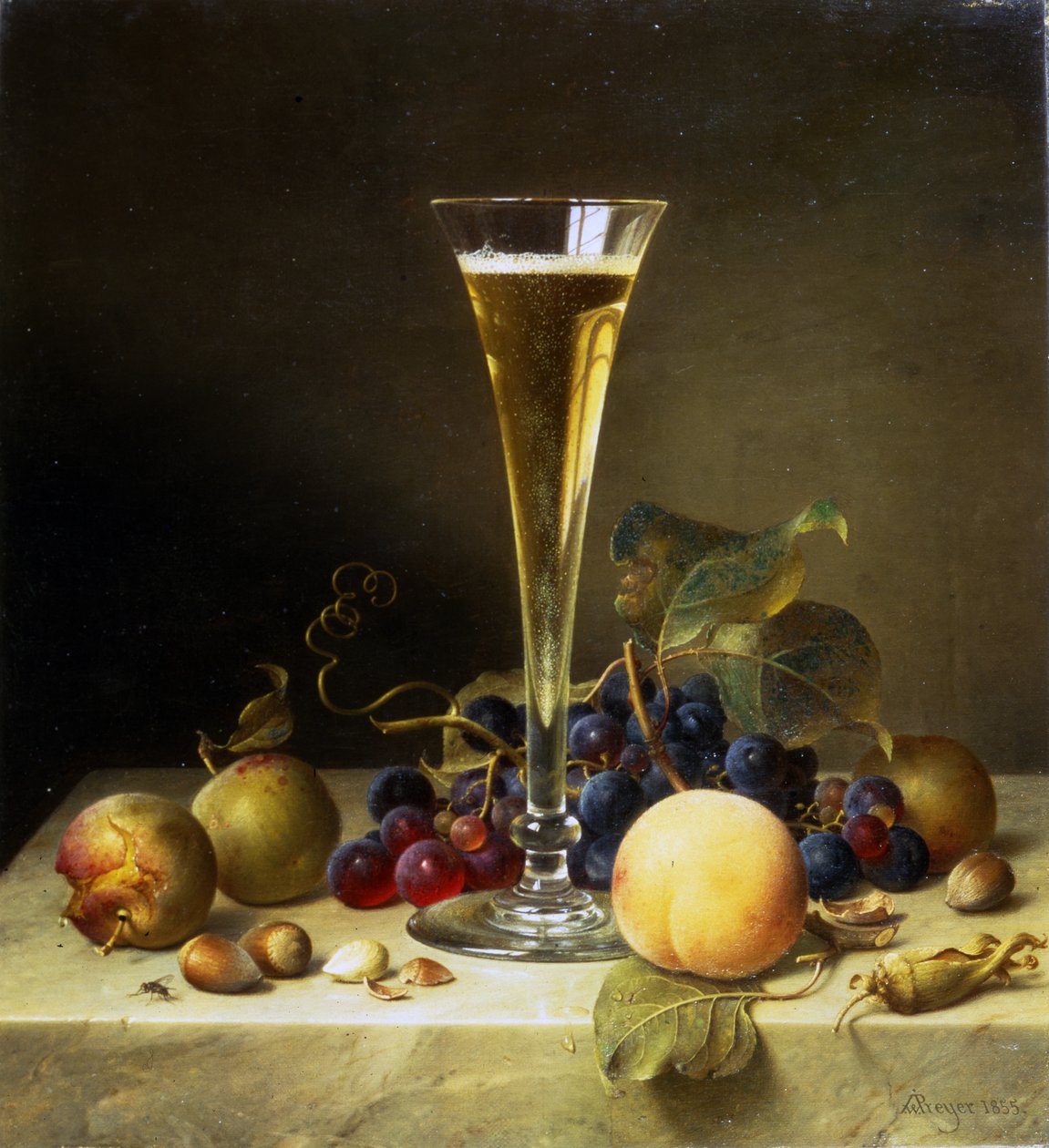 Stilleben med et glas champagne, 1855 af Johann Wilhelm Preyer