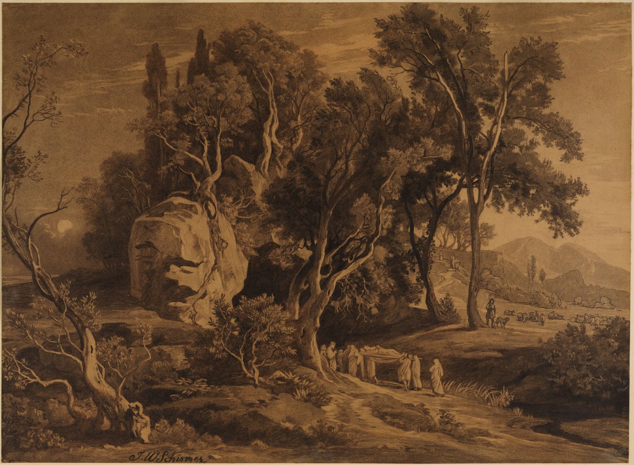 Abrahams begravelse i hulen i Mamre-lunden (1. Mosebog 25, 9) af Johann Wilhelm Schirmer
