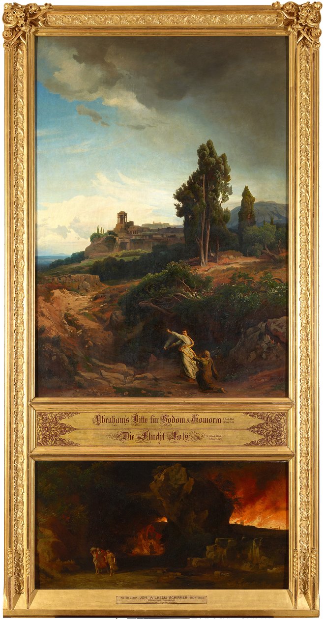 Abrahams Bitte für Sodom (oben). Die Flucht Lots (unten). Aus dem Zyklus "Zwölf biblische Landschaften mit der Geschichte Abrahams" af Johann Wilhelm Schirmer