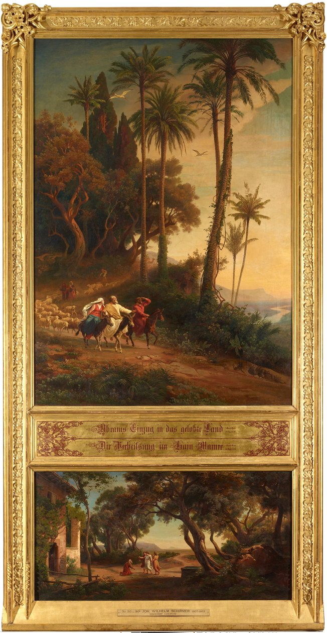 Abrahams indtog i Det Forjættede Land (øverst). Løftet i Mamres lund (nederst). Fra cyklussen "Tolv bibelske landskaber med historien om Abraham" af Johann Wilhelm Schirmer