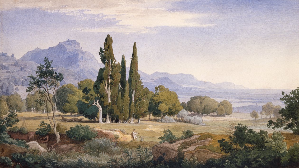 Et arkadisk landskab (blyant og akvarel) af Johann Wilhelm Schirmer
