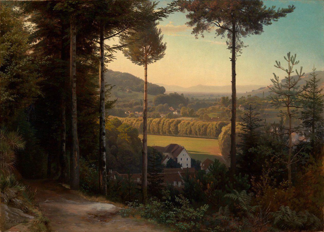 Oosdalen med udsigt over Rhinsletten og Vogeserne, aften af Johann Wilhelm Schirmer