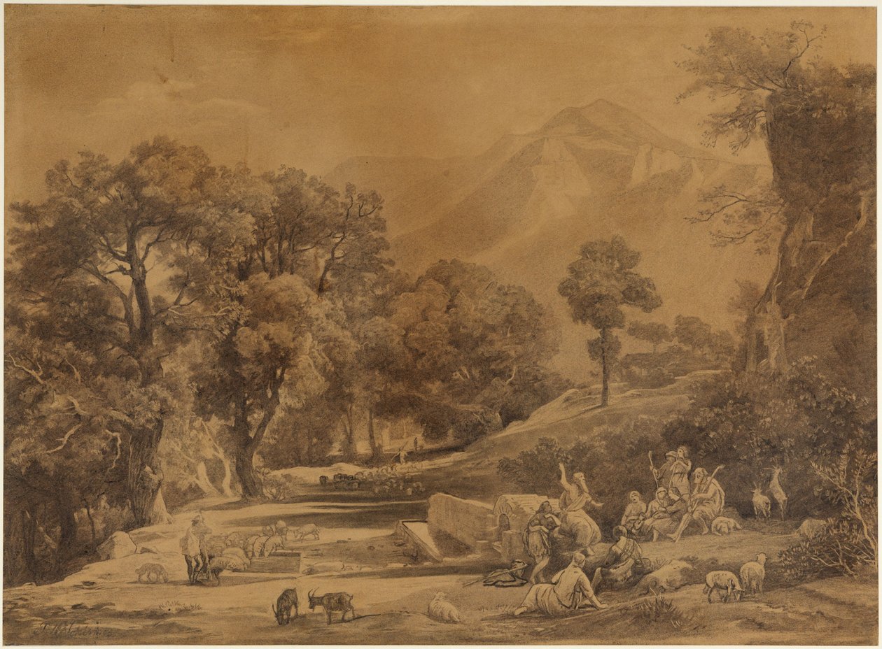 Den første prædiken i Seths stamme for hyrder i bjergene (1. Mosebog 4,26) af Johann Wilhelm Schirmer