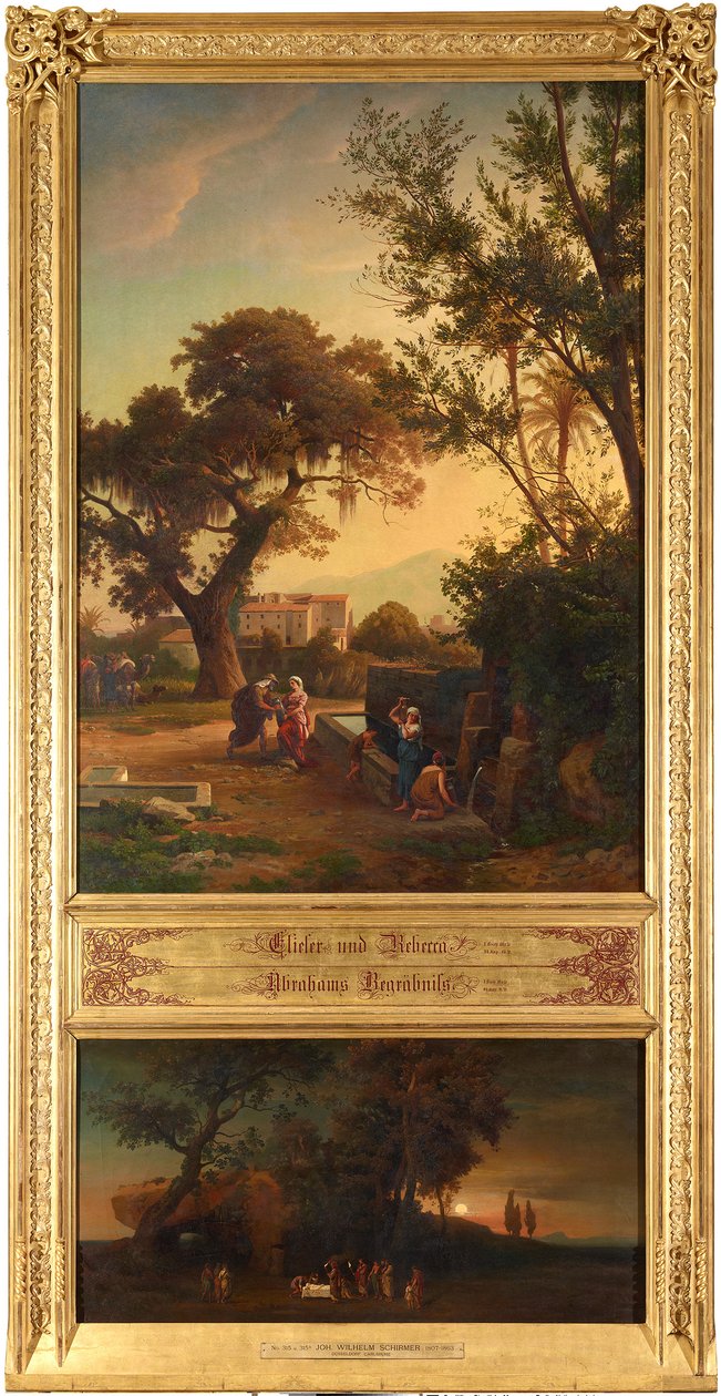 Elieser og Rebekka ved brønden (øverst). Abrahams begravelse (nederst). Fra serien »Tolv bibelske landskaber med Abrahams historie« af Johann Wilhelm Schirmer