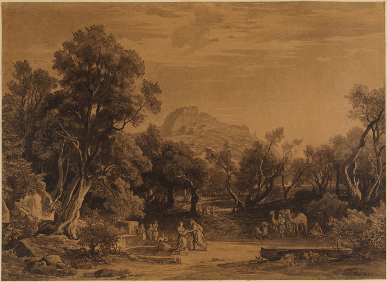 Eliezer og Rebekka ved brønden (1. Mosebog 24, 17-18) af Johann Wilhelm Schirmer