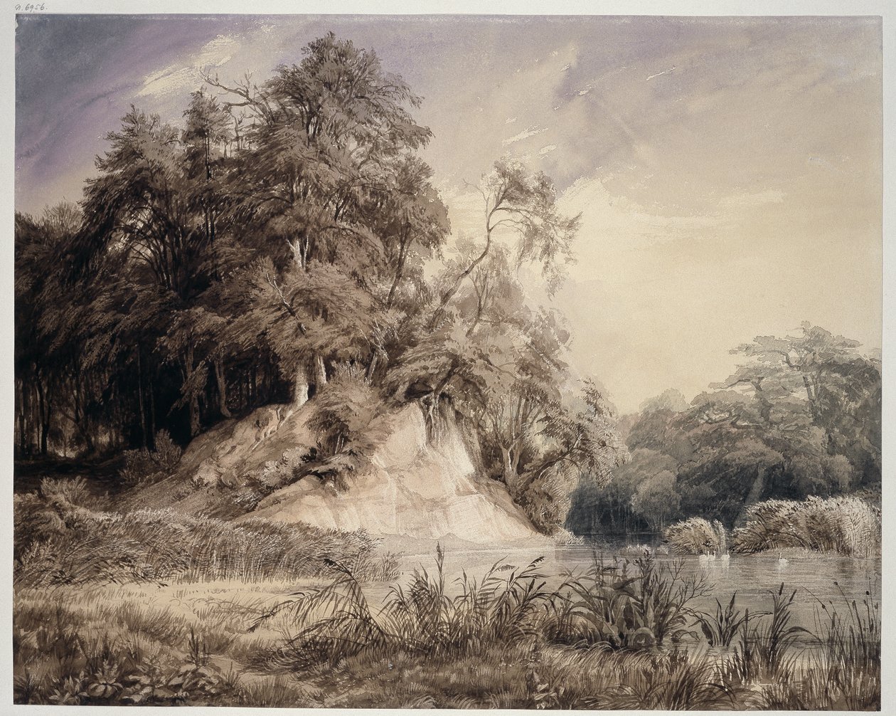 Skovlandskab med sø og svaner af Johann Wilhelm Schirmer