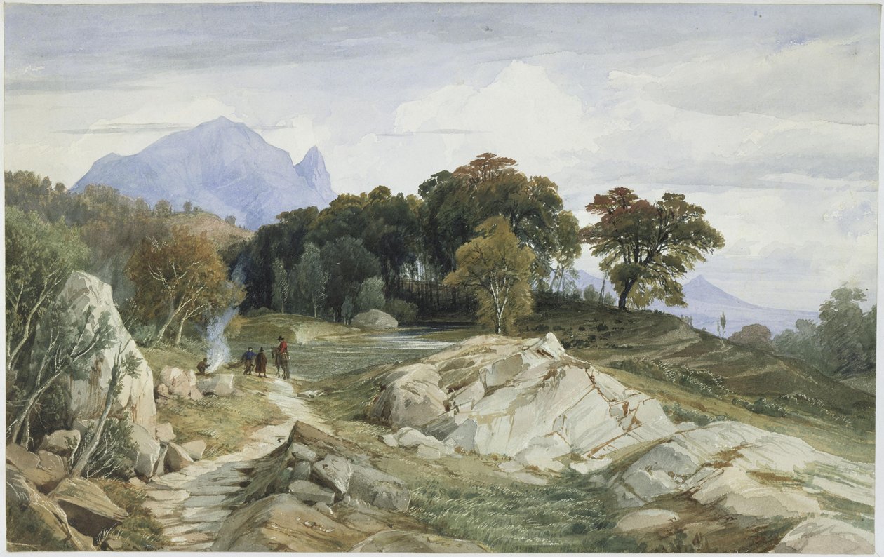 Et italiensk skov- og bjerglandskab, en rytter og tre mænd ved bålet af Johann Wilhelm Schirmer