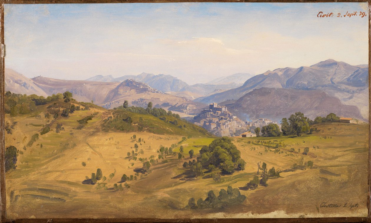 Landskab ved Civitella med udsigt mod nord til Rocca Canterano af Johann Wilhelm Schirmer