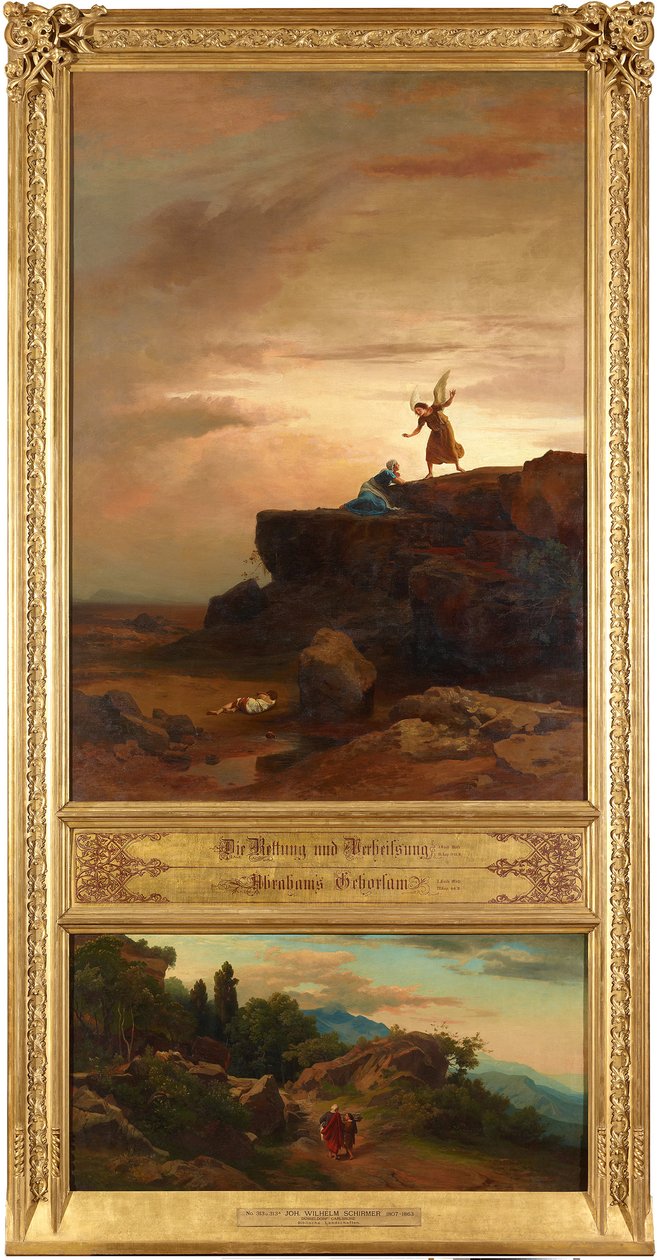 Frelse og løfte (øverst). Abrahams og Isaks vej mod ofringen (nederst). Fra serien »Tolv bibelske landskaber med Abrahams historie« af Johann Wilhelm Schirmer