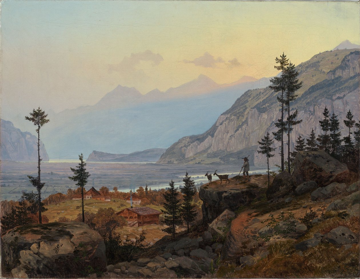 Schweizisk alpelandskab med flod og sø af Johann Wilhelm Schirmer