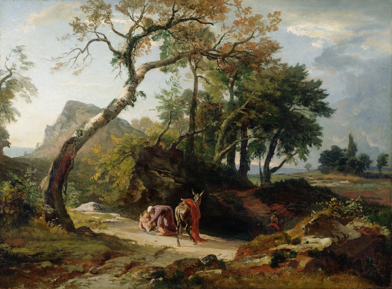 Redningen af den sårede mand af den barmhjertige samaritan (aften) ca. 1856 af Johann Wilhelm Schirmer