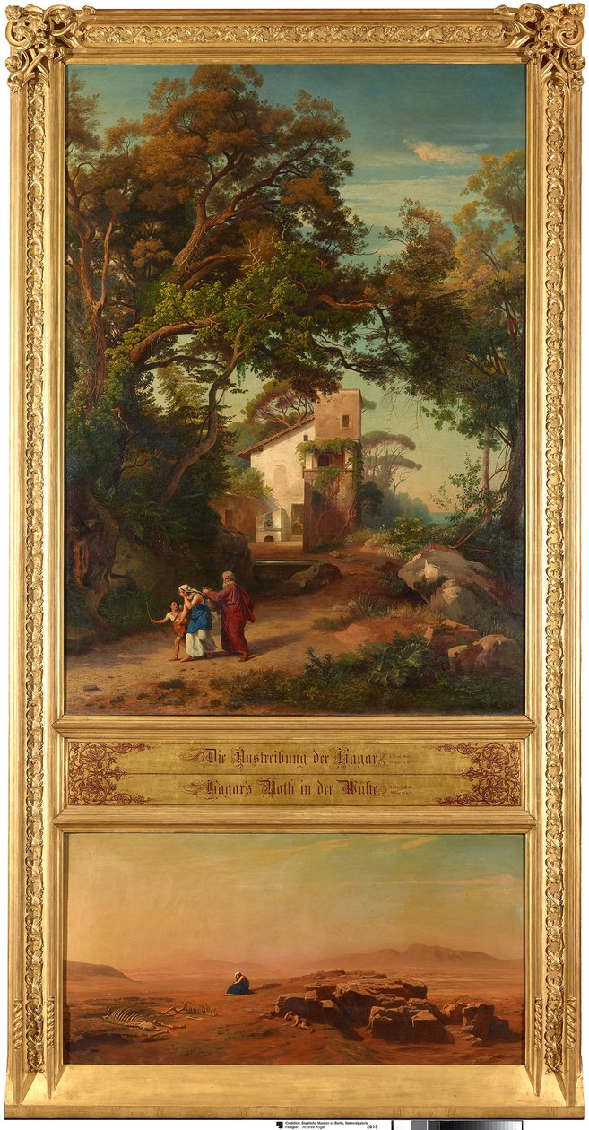 Hagars forvisning (øverst). Hagar i ørkenen (nederst). Fra serien »Tolv bibelske landskaber med Abrahams historie« af Johann Wilhelm Schirmer