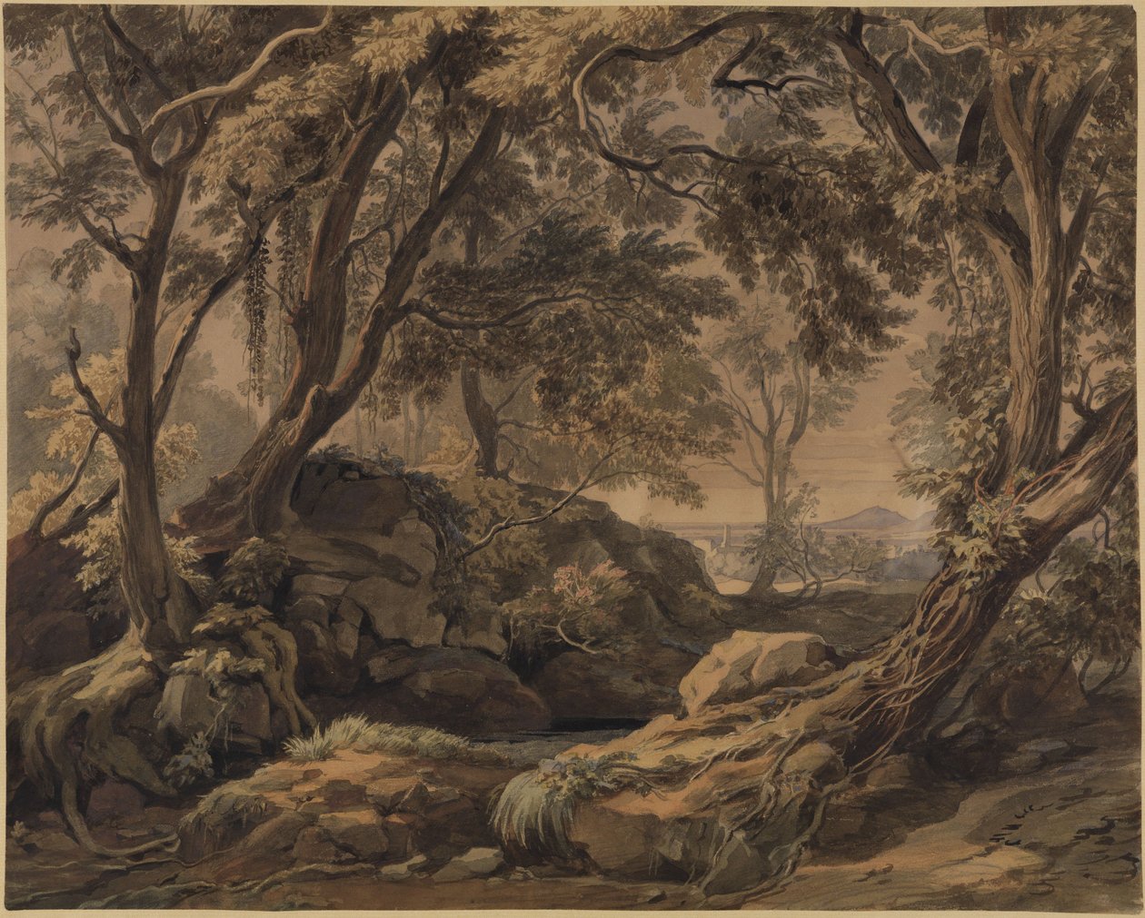Skovlandskab med udsigt over Olevano og Monte Cavo af Johann Wilhelm Schirmer