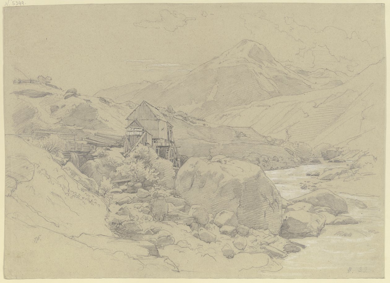 Vandmølle i et bjerglandskab af Johann Wilhelm Schirmer