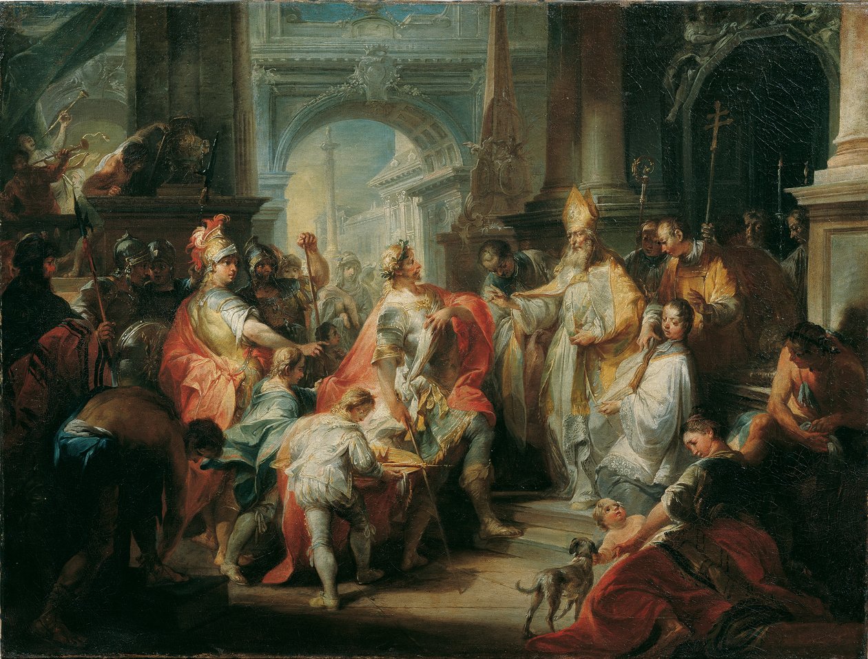 Sankt Ambrosius nægter kejser Theodosius adgang til Milanos katedral af Johann Wolfgang Baumgartner