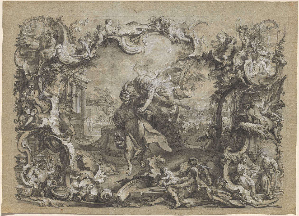 Englen, der bærer Habakkuk i sit hår, omgivet af en kunstfærdig rokokoramme af Johann Wolfgang Baumgartner