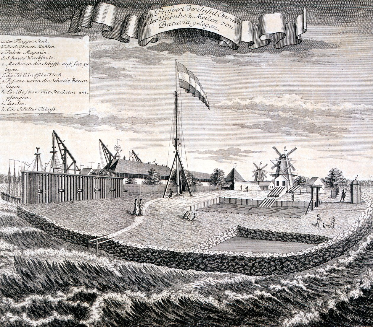 Hollandsk East India Company træ- eller savværk på øen to miles fra Batavia, pub. 1744. af Johann Wolfgang Heydt