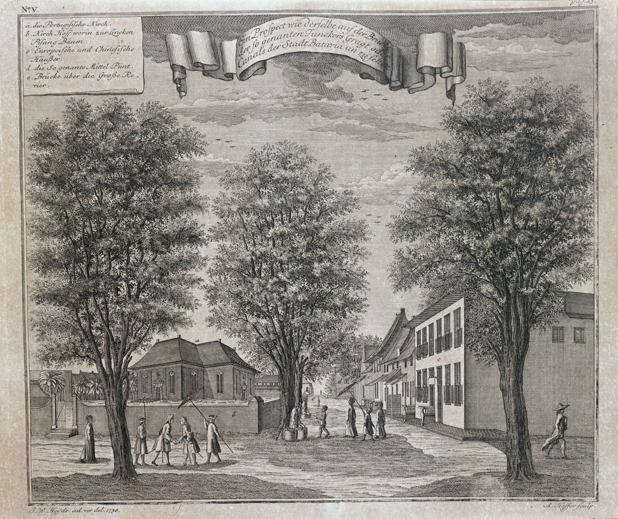 Den portugisiske kirke og kinesiske og europæiske huse i en gade i Batavia, fra en række udsigter over Batavia 