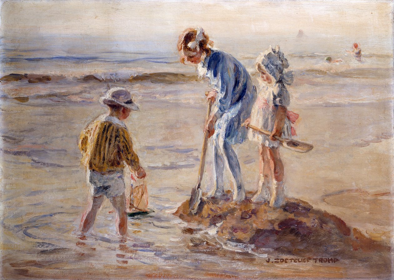 Leger på Katwijk-stranden (olie på lærred) af Johann Zoetelief Tromp