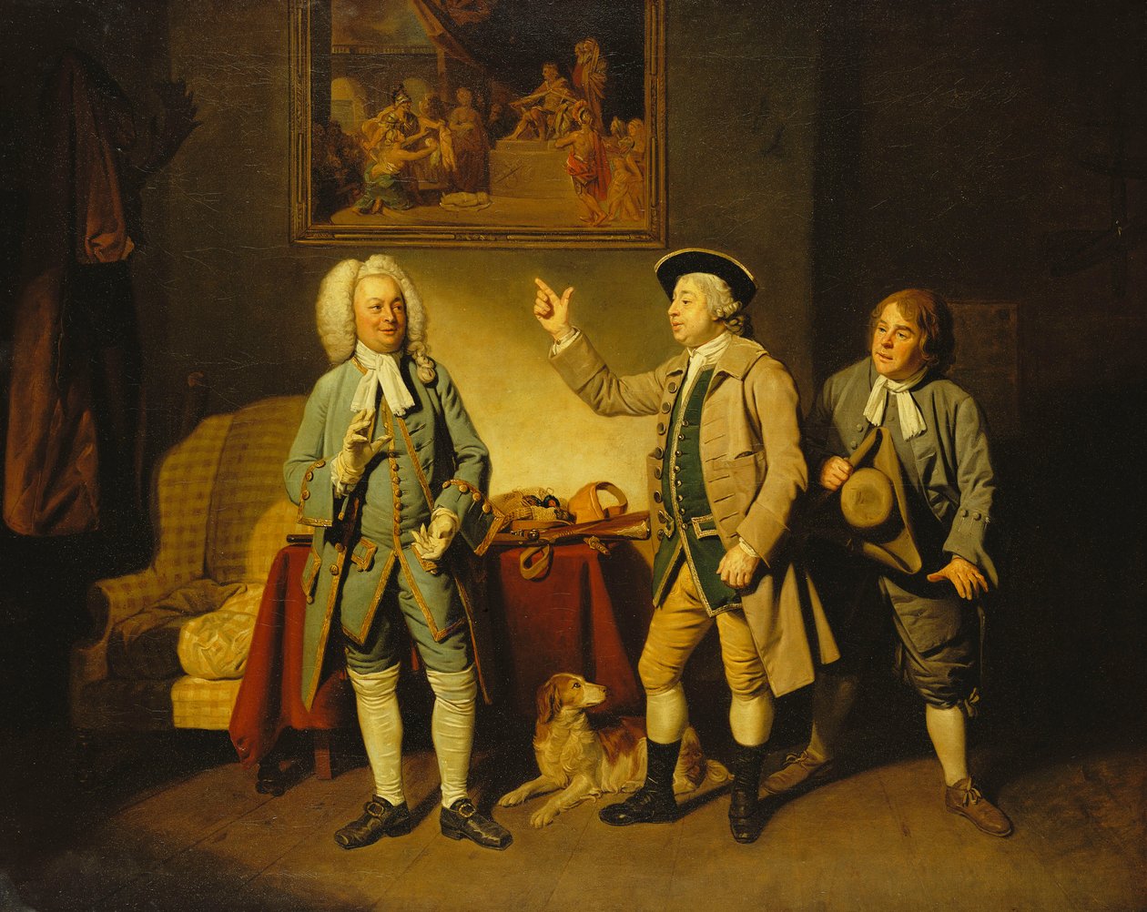 En scene fra "Love in a Village" af Isaac Bickerstaffe, Act 1, Scene 2, med Edward Shuter som Justice Woodcock, John Beard som Hawthorn og John Dunstall som Hodge, af Johan Joseph Zoffany