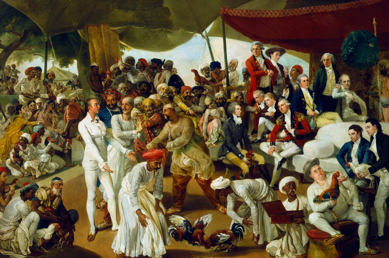 Oberst Mordaunt ser en hanekamp i Lucknow, Indien, 1790 af Johan Joseph Zoffany