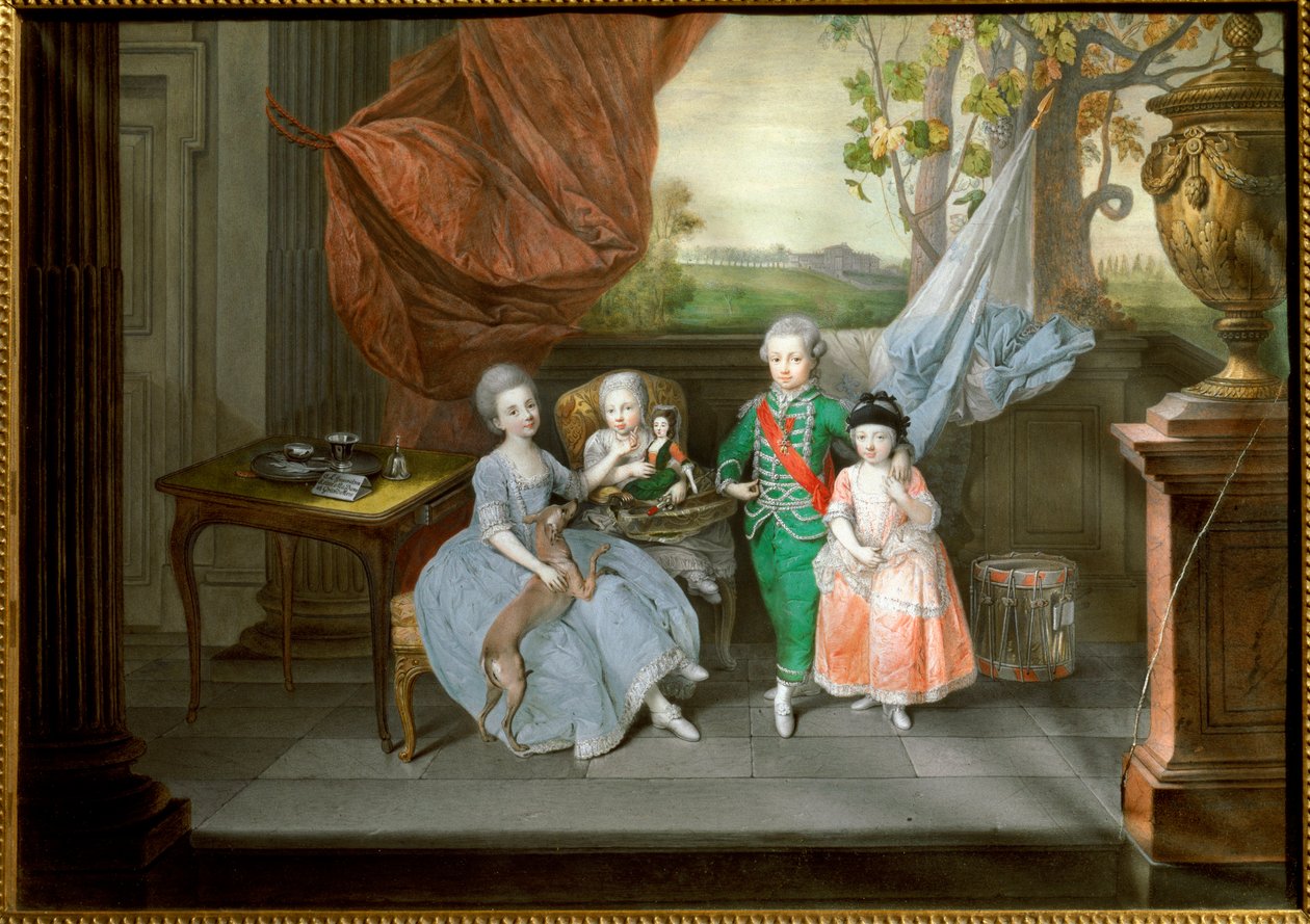Portræt af Louis I af Etrurien med sine søstre Caroline, Marie Antoinette og Charlotte, ca. 1780 (maleri) af Johann Zoffany