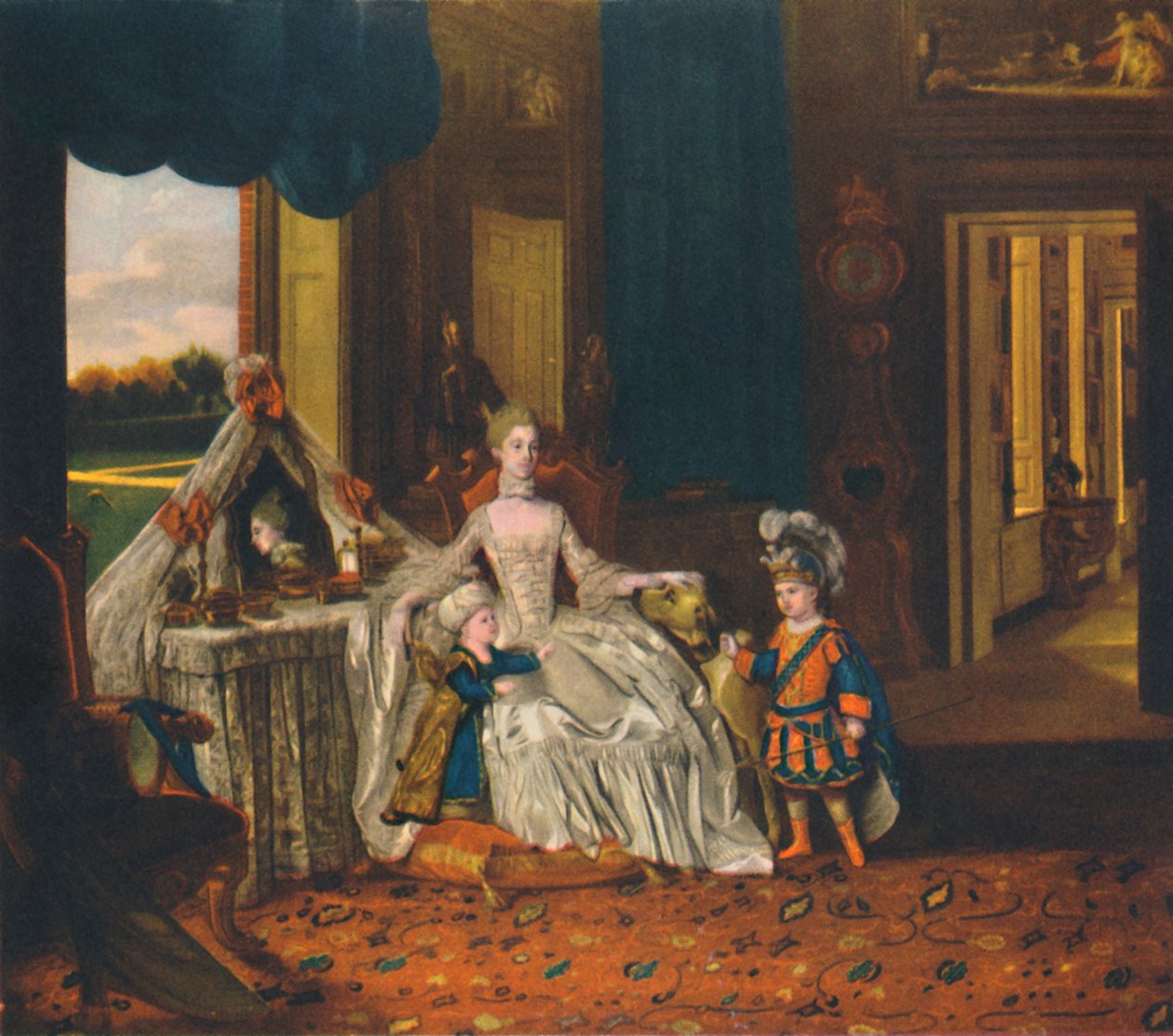 Dronning Charlotte i omklædningsrummet med prins og hertug i fancy kjole, c1766, 1948 af Johan Joseph Zoffany