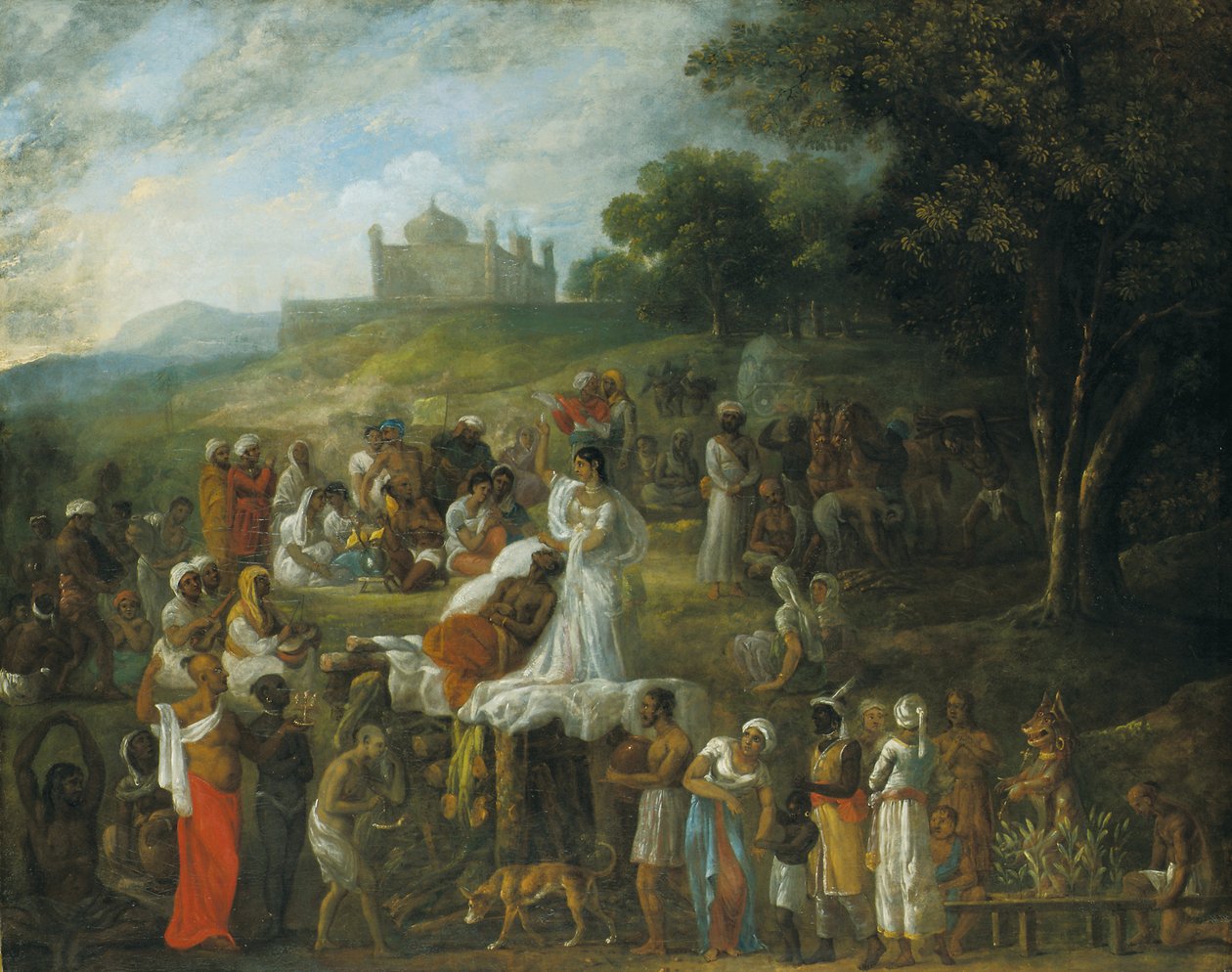 Ofring af en hindu-enke på begravelsesbunken af hendes mand af Johan Joseph Zoffany