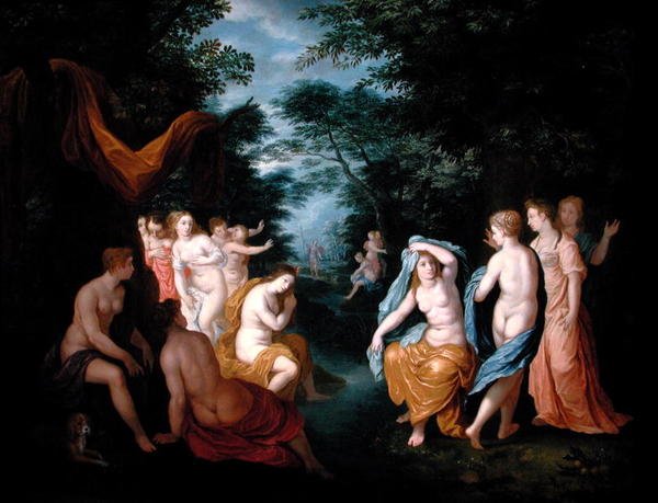 Diana og Acteon (olie på kobber) af Johann or Hans (attr.to) Konig