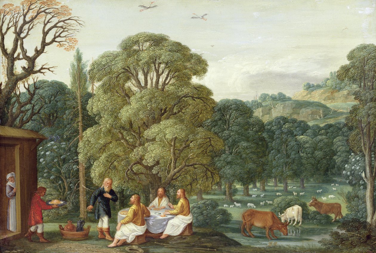 Abraham underholder de tre engle (olie på kobber) af Johann or Hans Konig