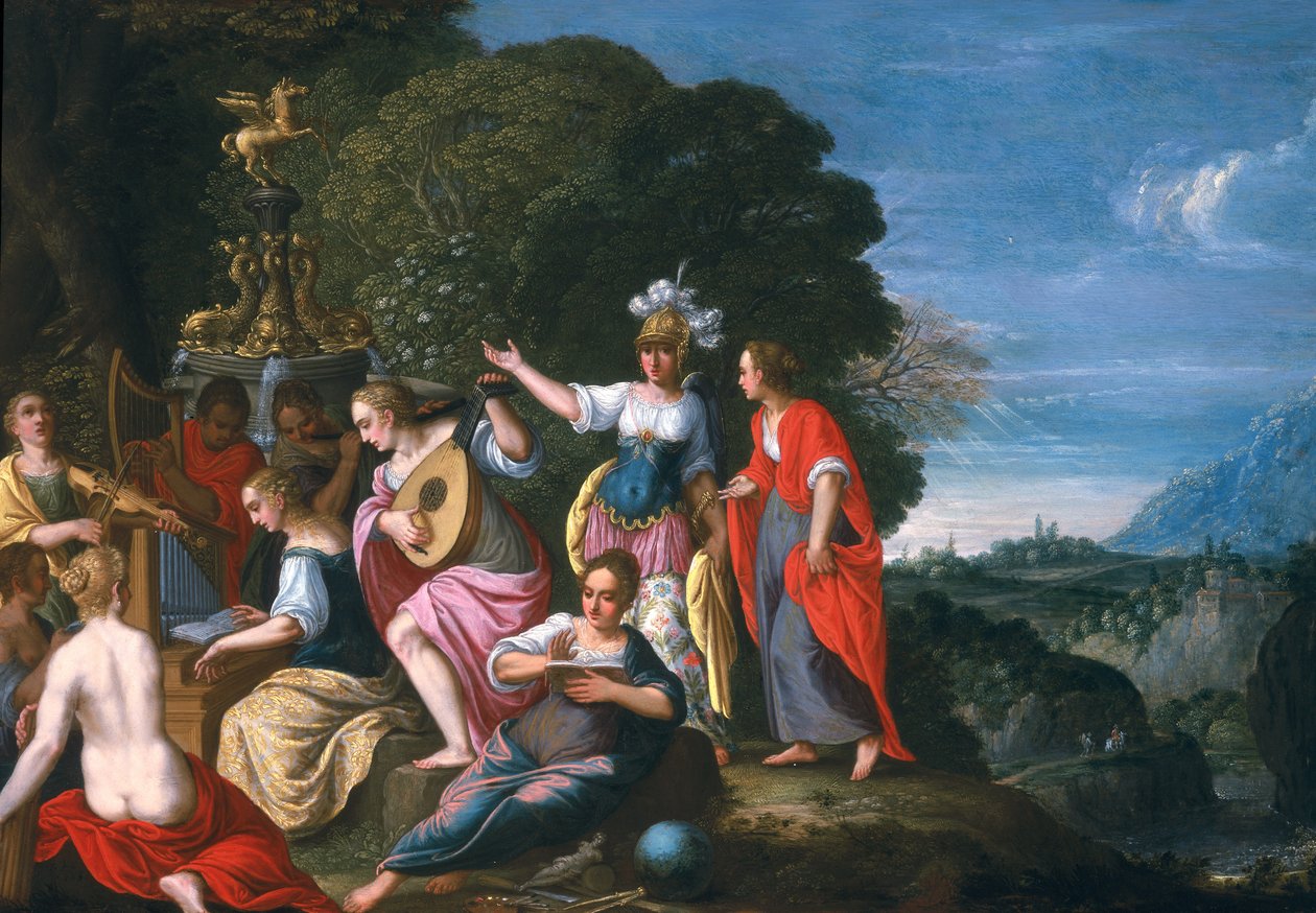 Athene og de ni muser ved brøndene i Hipokrene, 1624 (olie på kobber) af Johann or Hans Konig