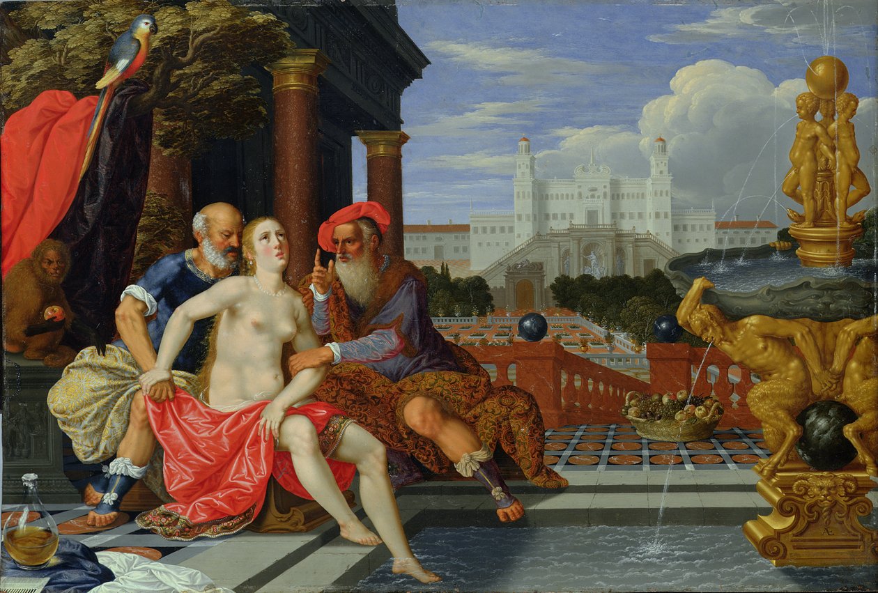 Susanna Bathing (olie på kobber) af Johann or Hans Konig