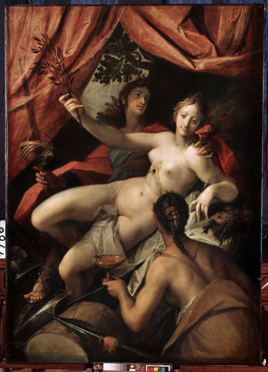 ""Allegory of Peace, Art and Abundance"" (Allegory of Peace, Art and Abundance). På bagsiden er kunst og videnskab symboliseret ved en kugle og en palet. I midten holder Peace en olivengren. Overflod er repræsenteret med en kop af Johann or Hans von Aachen