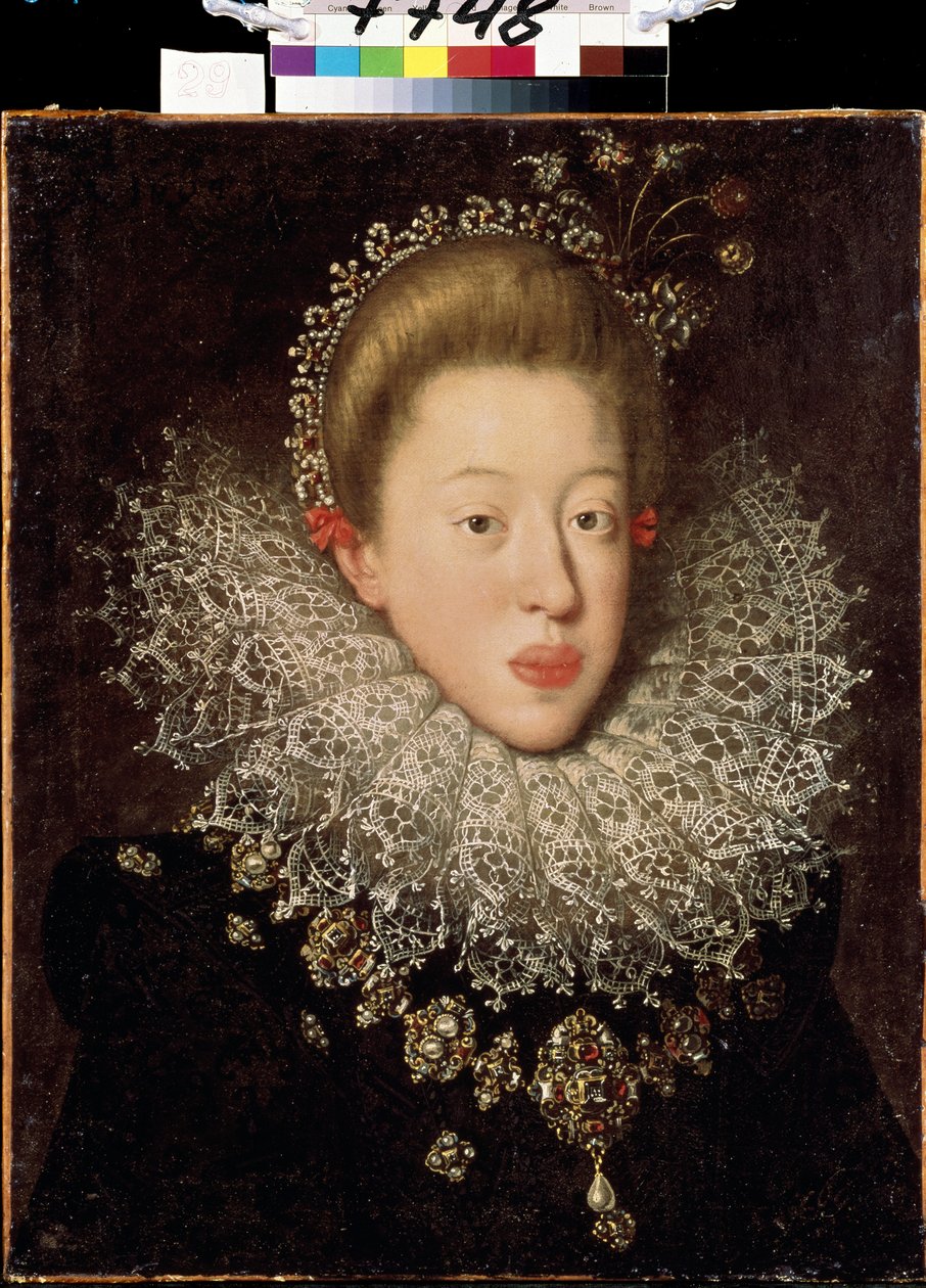""Portræt af Anne af Østrig (1585-1618) (Anne af Habsburg eller af Tyrol), kejserinde af det hellige imperium"" Maleri af Hans von Aachen (1552-1615) Tidligt 17. århundrede Lviv, Museum of Fine Arts Arts af Johann or Hans von Aachen