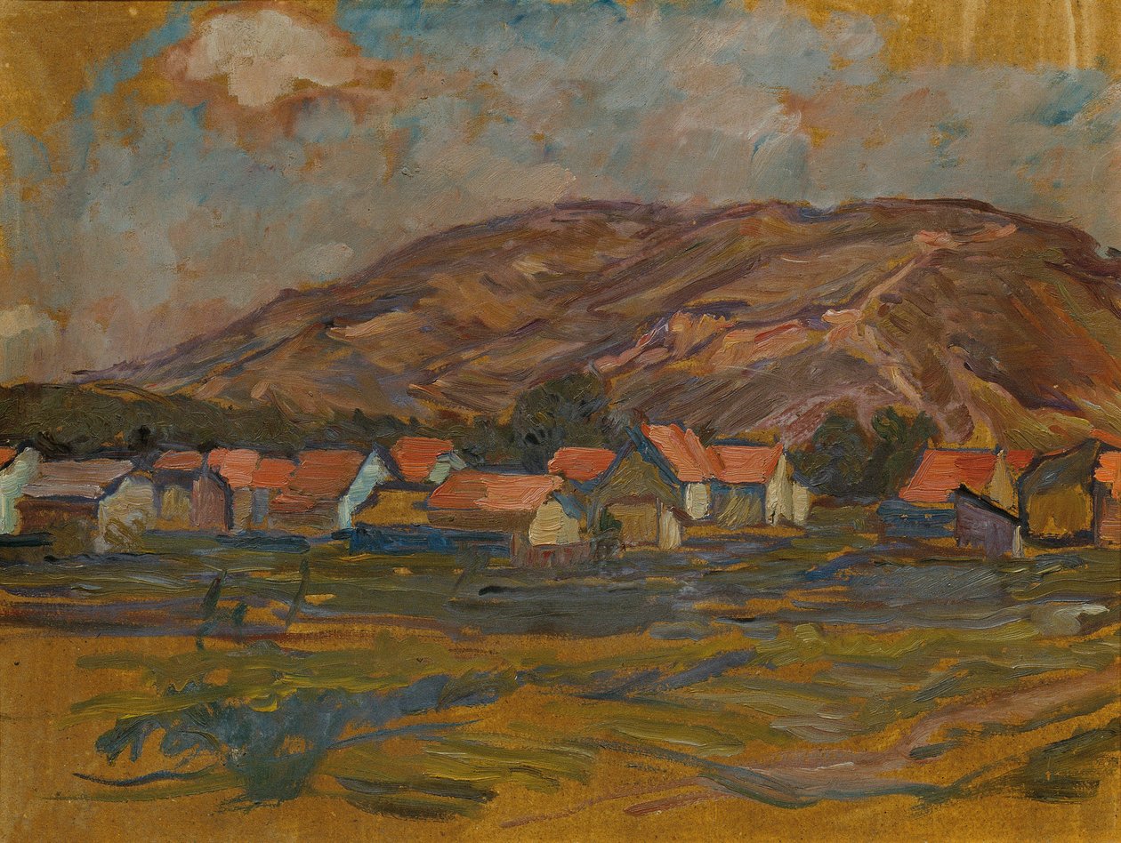 Landskab med huse og bjerg af Johanna Kampmann Freund